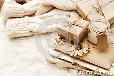 Vintage background . Cozy composition with gift box Stock Photo