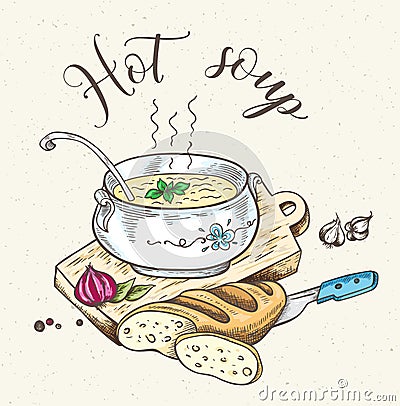 Fresh hot soup and bread Vector Illustration