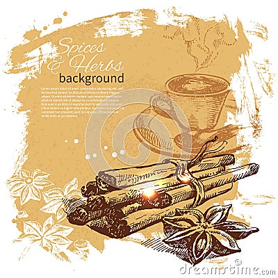 Vintage background with hand drawn sketch herbs and spices. Menu design Stock Photo