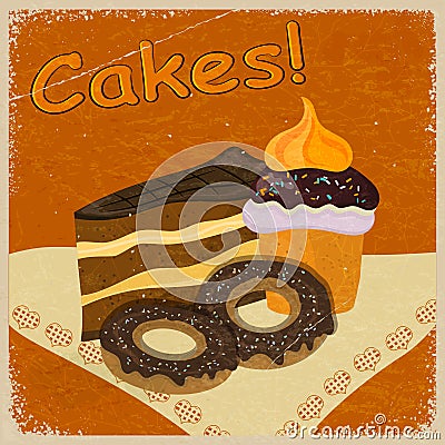 Vintage background image of a piece of cake and cookies Vector Illustration