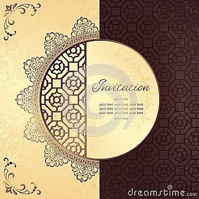 Vintage background mandala business card invitation with golden lace ornaments and art deco floral decorative elements Vector Illustration