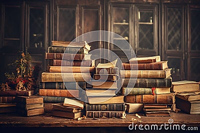 Vintage background, old hardcover books on the table. Generative ai Stock Photo