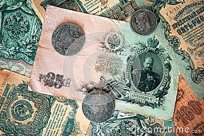 Vintage background, old Russian money - banknotes anf coins Stock Photo