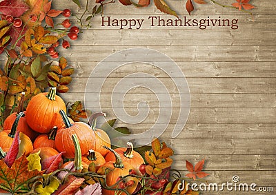 Vintage background with pumpkin and autumn leaves.Happy Thanksgiving Stock Photo