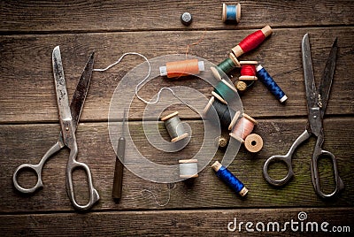 Vintage Background with sewing tools and colored Stock Photo