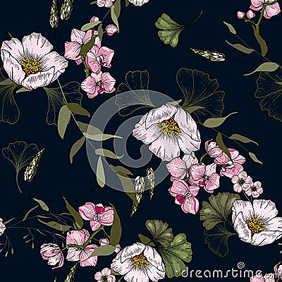 Vintage background. Wallpaper. Hand drawn. Vector illustration. Paradise flowers. Realistic seamless flower pattern Vector Illustration