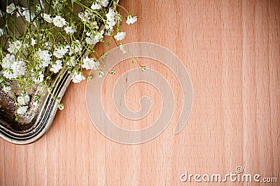 Background with white flowers, antique tray Stock Photo