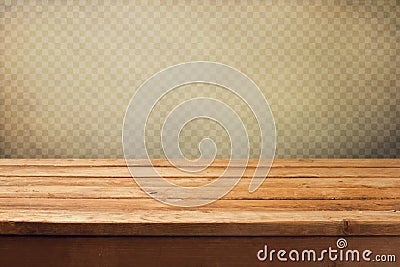 Vintage background with wooden deck table over grunge wallpaper with squares Stock Photo