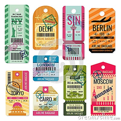 Vintage baggage tags and luggage labels vector set Vector Illustration