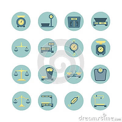 Vintage balance, electronic and mechanical scales, weight measurement flat vector icons Vector Illustration