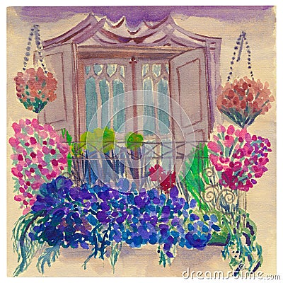 Vintage Balcony decorated with a lot of blossoming flowers Stock Photo