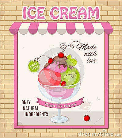 Mint and currant ice cream in the vintage shop Vector Illustration