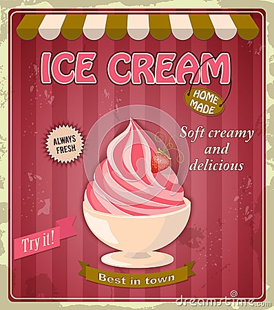 Vintage banner with strawberry ice cream Vector Illustration