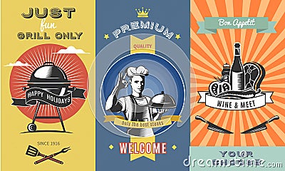 Vintage Barbecue Colored Vertical Banners Vector Illustration