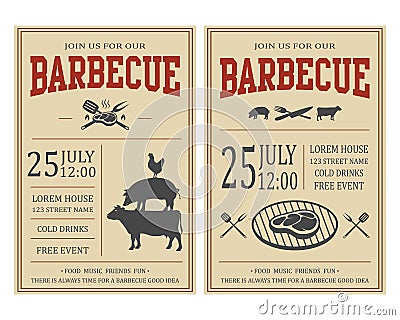 Vintage barbecue party invitation. BBQ, food flyer template. Vector Illustration