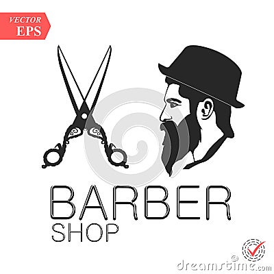 Vintage barber shop emblem, label, badge, logo. Man with beard, hipster. Vector illustration Cartoon Illustration