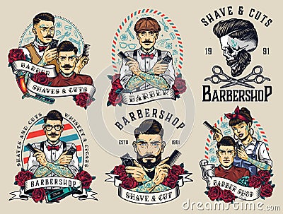 Vintage barbershop colorful labels set Vector Illustration