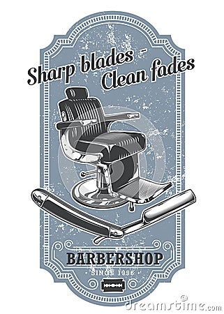 Vintage barbershop label with barber chair and razor Vector Illustration