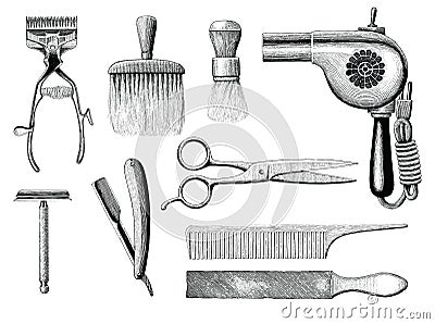 Vintage barbershop tools hand drawing engraving style Vector Illustration