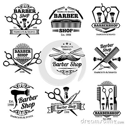 Vintage barbershop vector emblems and labels. Barber badges and logos Vector Illustration