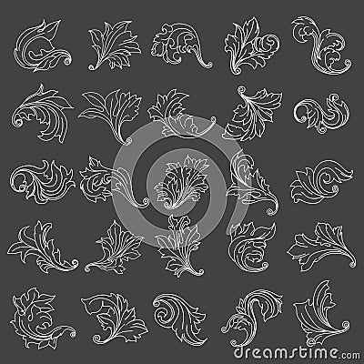 Vintage baroque engraving floral scroll ornament in line style Vector Illustration