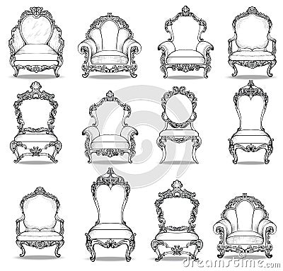 Vintage Baroque luxury style armchairs furniture set collection. French Luxury rich carved ornaments decoration. Vector Vector Illustration