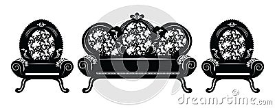 Vintage Baroque Sofa and armchairs set round shaped Vector Illustration