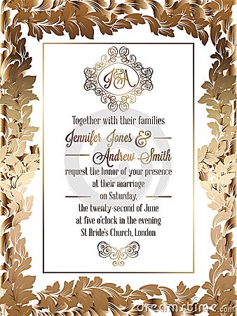 Vintage baroque style wedding invitation card template. Vector Illustration