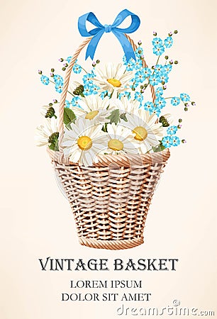 Vintage basket with flowers Vector Illustration