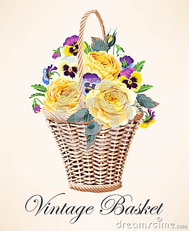 Vintage basket with flowers Vector Illustration