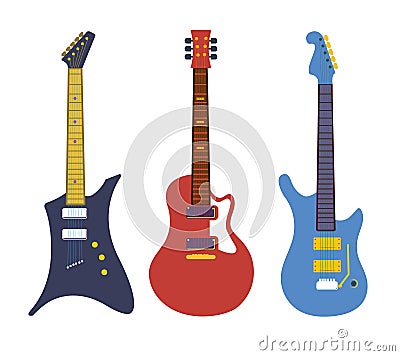 Vintage bass electric rock guitars, string instruments flat vector set Vector Illustration