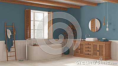Vintage bathroom in white and blue tones, rattan wooden washbasin, bathtub, chest of drawers, mirror, towel rack and decors. Stock Photo