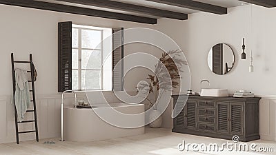 Vintage bathroom in white and dark tones, rattan wooden washbasin, bathtub, chest of drawers, mirror, towel rack and decors. Stock Photo