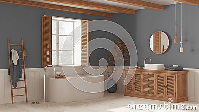 Vintage bathroom in white and gray tones, rattan wooden washbasin, bathtub, chest of drawers, mirror, towel rack and decors. Stock Photo