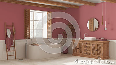 Vintage bathroom in white and red tones, rattan wooden washbasin, bathtub, chest of drawers, mirror, towel rack and decors. Stock Photo