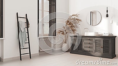 Vintage bathroom in white tones, dark rattan wooden washbasin, chest of drawers, mirror, towel rack and decor. Parquet and window Stock Photo