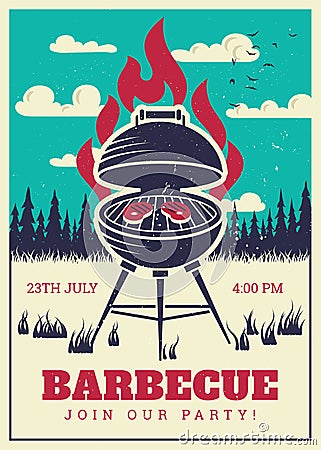 Vintage bbq grill party poster. Delicious grilled burgers, family barbecue vector invitation card Vector Illustration