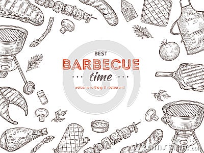 Vintage bbq poster. Barbeque doodle grill chicken barbecue grilled vegetables fried steak meat picnic summer party Vector Illustration