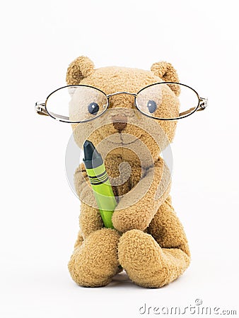 Vintage bear toy (old bear toy with green crayon) Stock Photo