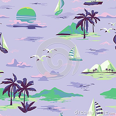 Vintage Beautiful seamless island pattern on white background. Landscape with palm trees, yacht, beach and ocean hand drawn style Vector Illustration