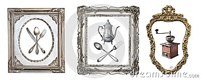 Vintage beautiful silver and golded frames and antiques with an ornament isolated on white. Retro style Stock Photo