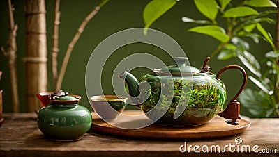 Vintage beautiful teaware, teatime tea leaves tradition oriental morning green Stock Photo