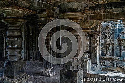 Vintage Beautifully Stone carved pillars in Brahma Jinalaya Temple Editorial Stock Photo