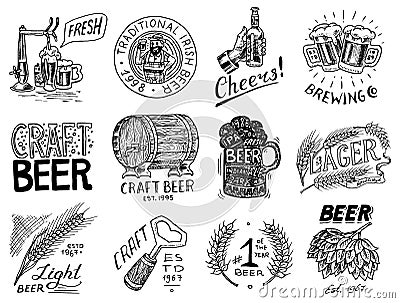 Vintage beer badge. Set of Alcoholic Label with calligraphic elements. Classic American frame for poster banner. Cheers Vector Illustration