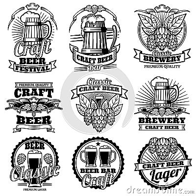 Vintage beer drink bar vector labels. Retro brewery emblems and logos with hops and mug Vector Illustration