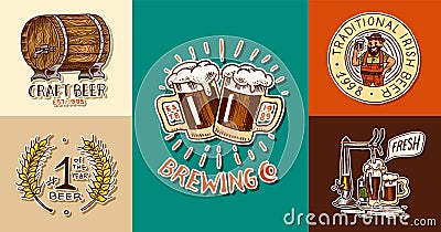 Vintage beer posters. Cheers toast. Set of Alcoholic Labels with calligraphic elements. American banners. Hand drawn Vector Illustration