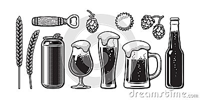 Vintage beer set. Barley, wheat, can, glass, mug, bottle, opener, hop, bottle cap. Vector illustration. Brewery, beer Vector Illustration