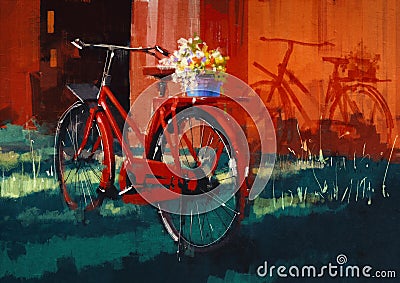 Vintage bicycle with bucket full of flowers Stock Photo