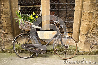 Vintage bicycle with bunches of flowers Stock Photo