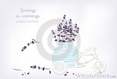 Vintage bicycle miniature toy with lavender flowers in a basket. Vector illustration Spring is coming text Vector Illustration
